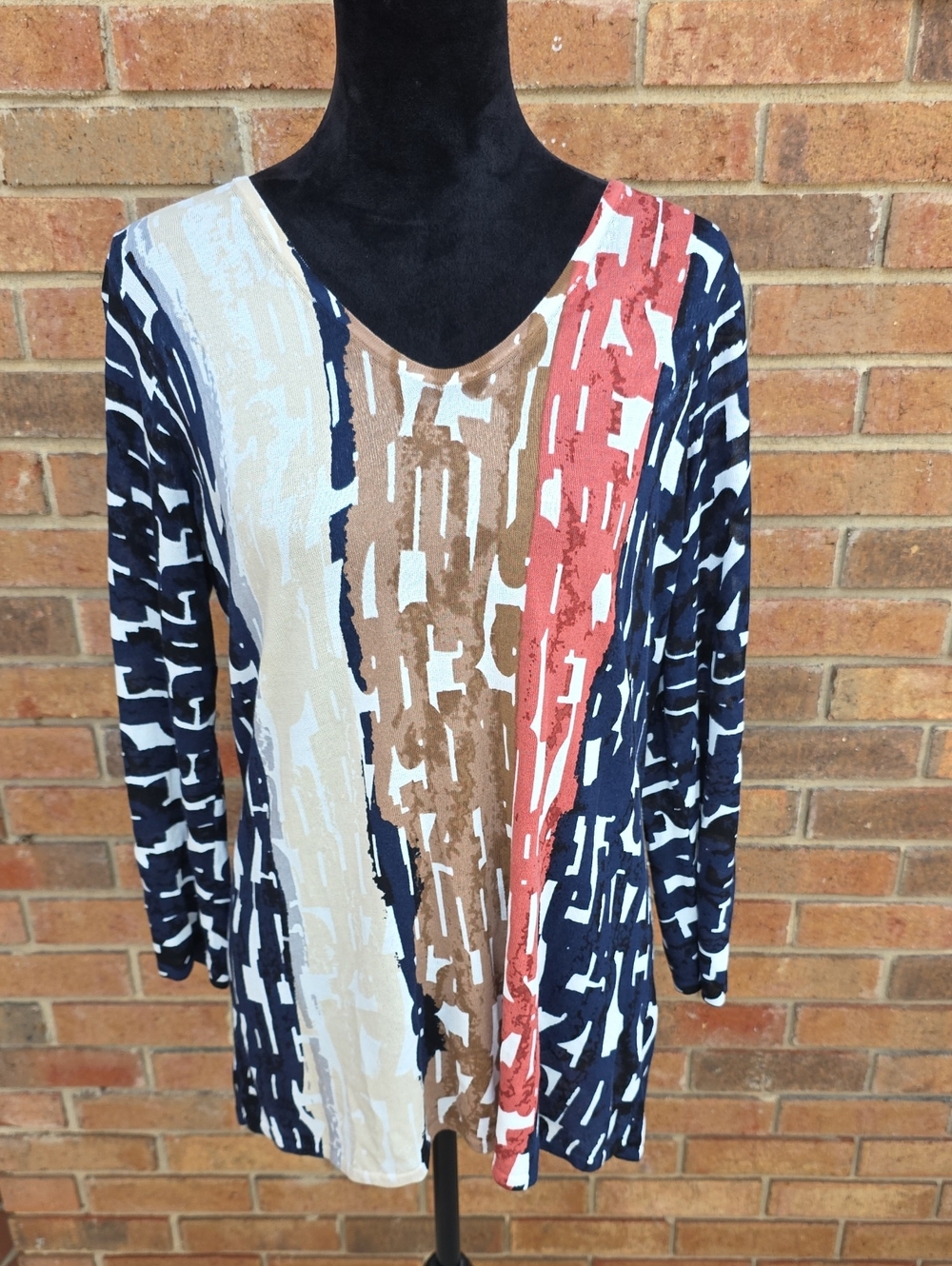 NIC+ZOE V-Neck Long Sleeve Abstract Stripe Top in Navy, Cream, Tan & Rust Size M